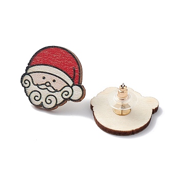 Christmas Printed Wooden Stud Earrings, with 316 Stainless Steel Pins for Women, Santa Claus, 23x24mm, Pin: 0.7mm