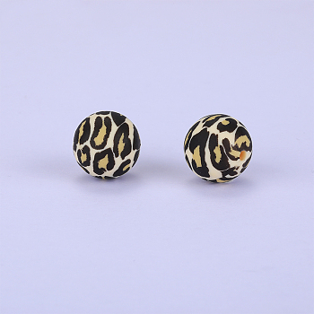 Printed Round with Leopard Print Pattern Silicone Focal Beads, Brown, 15x15mm, Hole: 2mm