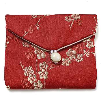 Chinese Style Floral Cloth Jewelry Storage Pouches, with Plastic Button, Rectangle Jewelry Gift Case for Bracelets, Earrings, Rings, Random Pattern, FireBrick, 7.5x8.5x0.3~0.7cm