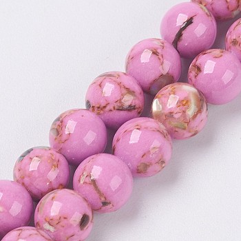 Sea Shell and Synthetic Turquoise Assembled Beads Strands, Round, Flamingo, 10mm, Hole: 1.2mm, about 40pcs/strand, 15.5 inch(39.5cm)