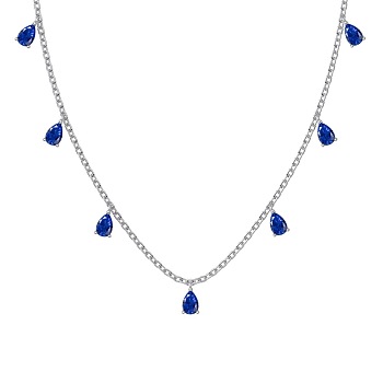 Rhodium Plated 925 Sterling Silver Pave Blue Cubic Zirconia Cable Chain Teardrop Tassel Necklaces for Women, Real Platinum Plated, 15.94 inch(40.5cm)