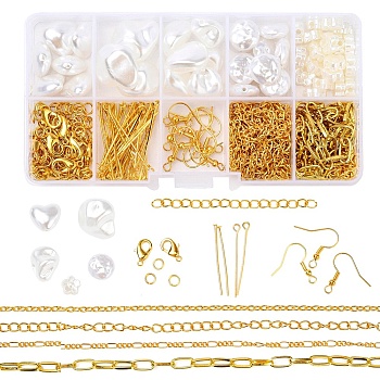 DIY Jewelry Set Making Kits, Including Nuggets & Flat Round & Heart & Flower ABS Plastic Imitation Pearl Beads, Alloy Clasps, Iron Clasps & Pin & Earring Hooks & Chains, White, Beads: 46pcs/box