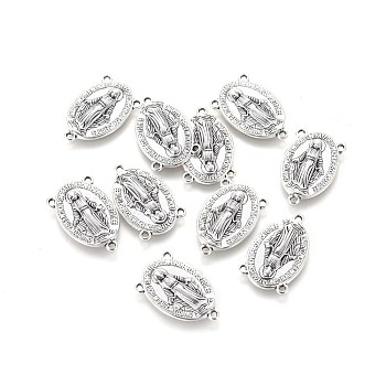 Holy Oval Carved Virgin Mary Tibetan Style Alloy Chandelier Component Links, 3 Loop Connectors, Rosary Center Pieces, Antique Silver, Lead Free & Cadmium Free, 23x14.5x3mm, Hole: 1mm, about 470pcs/kg