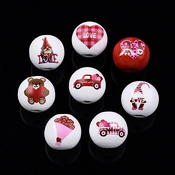 Valentine's Day Theme Printed Wooden Beads, Round, Mixed Color, Mixed Shapes, 15.5~16x15mm, Hole: 3.5mm