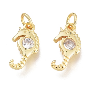 Brass Micro Pave Clear Cubic Zirconia Charms, with Jump Ring, Sea Horse, Golden, 12.5x6.5x2.5mm, Hole: 1.5mm, Jump Rings: 3.5x0.8mm