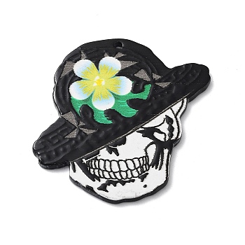 Acrylic Pendant, Skull with Flower Hat, White, 46.5x46.5x2mm, Hole: 1.6mm
