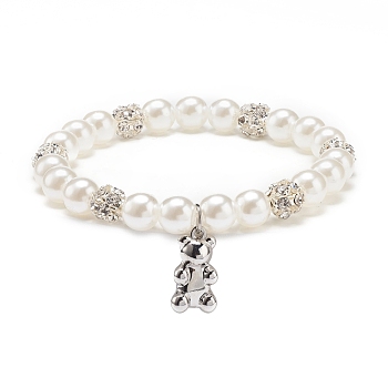 ABS Plastic Imitation Pearl  & Rhinestone Beaded Stretch Bracelet with Alloy Charm for Women, White, Bear Pattern, Prendant: 17.5x9.5x5mm, Inner Diameter: 2-1/8 inch(5.3cm)