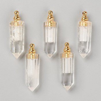 Faceted Natural Quartz Crystal Pendants, Rock Crystal Pendants, Openable Perfume Bottle, with Golden Tone Brass Findings, Bullet, 46~47x13~14x11~12mm, Hole: 4.5mm, capacity: 1ml(0.03 fl. oz)