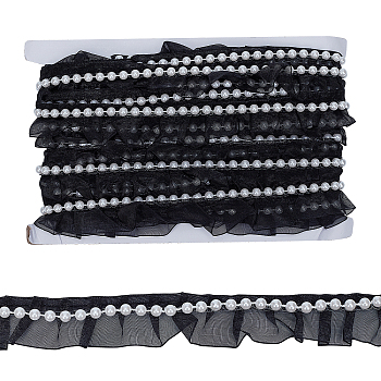 Polyester Lace Trim, with Imitation Pearl Beads, Flat, Black, 1-1/8 inch(28mm), 10yard/card