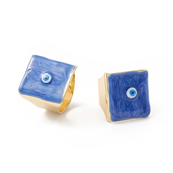 Square Enamel with Evil Eye Wide Band Finger Rings, Real 18K Gold Plated Brass Adjustable Rings for Women Men, Blue, 18.5mm, Inner Diameter: 17mm