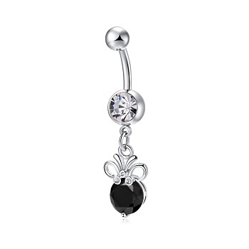 Piercing Jewelry, Brass Cubic Zirconia Navel Ring, Navel Ring Belly Rings, with 304 Stainless Steel Bar, Lead Free & Cadmium Free, Flat Round, Platinum, Black, 46x10mm, Bar Length: 3/8"(10mm), Bar: 14 Gauge(1.6mm)