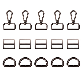 15Pcs 3 Style Purse Making Findings, including Iron D Rings, Alloy Slider Buckles & Swivel Clasps, Gunmetal, 25~49.5x31.5~35x3~4.5mm, 5pcs/style