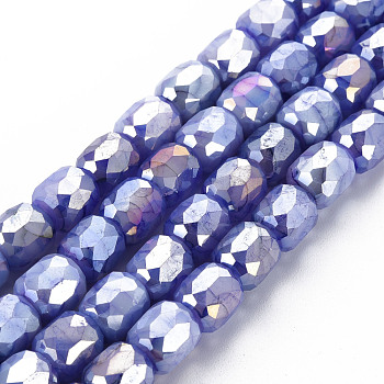 Opaque Baking Painted Glass Beads Strands, Imitation Stones, Faceted, AB Color Plated, Column, Slate Blue, 8x8mm, Hole: 1.2mm, about 60pcs/strand, 19.69 inch(50cm)