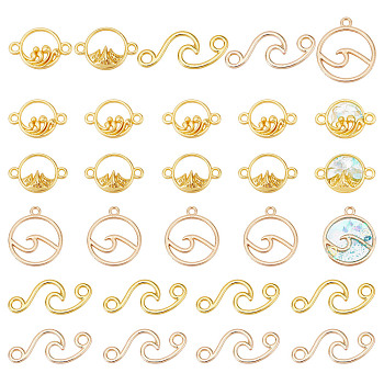 Elite DIY Jewelry Making Finding Kit, Including 50Pcs 5 Style Alloy Link Connectors & Pendants, Wave & Ring, Golden & Light Gold, 11~31x15~20x1~3mm, Hole: 1.5~3mm, 10Pcs/style