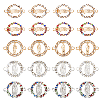 50pcs 5 styles Religion Alloy Connector Charms, with Rhinestone, Flat Round Links with Virgin Pattern, Mixed Color, 18~23x15~24x1.7~2mm, Hole: 1.8mm, 10pcs/style