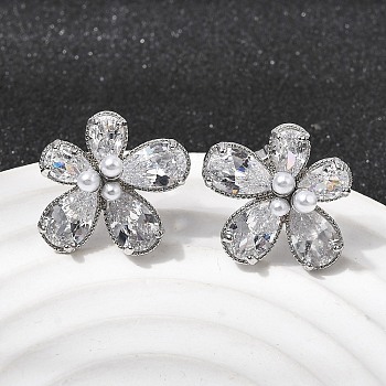 Flower Brass Micro Pave Clear Cubic Zirconia Stud Earrings, with ABS Imitation Pearl Beads, Long-Lasting Plated, Cadmium Free & Lead Free, Platinum, 16.5x19mm