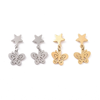304 Stainless Steel Butterfly with Star Dangle Stud Earrings for Women, Mixed Color, 22.5mm, Pin: 0.8mm