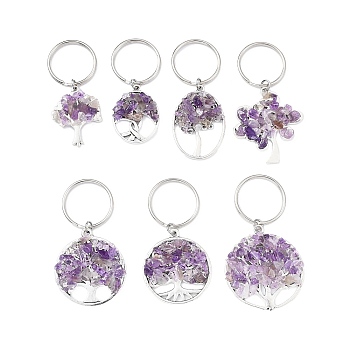 Natural Amethyst Chip & Alloy Tree of Life Pendant Keychain, with Iron Split Key Rings, 5.9~6.8cm
