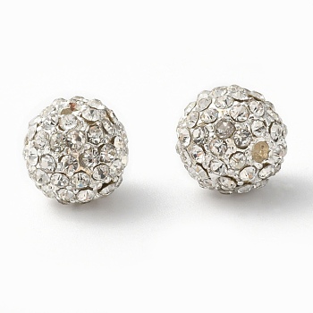 Alloy Beads, with Rhinestones, Grade A, Round, Silver Color Plated, Clear, Size: about 10mm in diameter hole: 2mm