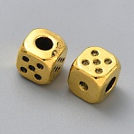 Tibetan Style Alloy Beads, Dice, Antique Golden, 7x7x7mm, Hole: 3mm(TIBEB-WH20001-03AG)