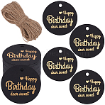 100Pcs Flat Round Gold Word Happy Birthday Dear Sweet Hanging Tags, Gift Tags, with 20m Jute Cord, Black, Tag: 45x0.5mm, Hole: 4mm(DIY-SP0003-87B)