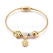 304 Stainless Steel European Bracelets, with Polymer Clay Crystal Rhinestone and Magnetic Clasps, Flat Round with Snowflake, Golden, Inner Diameter: 2-3/8 inch(6.2cm)(BJEW-H531-05G)