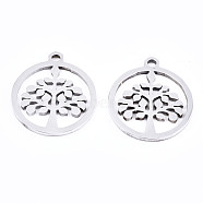 201 Stainless Steel Pendants, Laser Cut, Ring with Tree of Life, Stainless Steel Color, 17x15x1mm, Hole: 1.4mm(STAS-T044-189P)