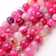 Natural Striped Agate/Banded Agate Beads Strands, Round, Dyed & Heated, Deep Pink, 10mm, Hole: 1mm, about 38pcs/strand, 15 inch(G-D845-01C-10mm)