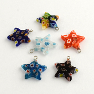 Handmade Millefiori Glass Pendants with Platinum Plated Iron Findings, Star, Mixed Color, 22x21x4mm, Hole: 2mm(LK-R005-12)