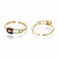 Brass Micro Pave Cubic Zirconia Cuff Rings, Open Rings, with Enamel, Safety Pin Shape, Nickel Free, Real 18K Gold Plated, Plum, Size 5, Inner Diameter: 16mm(X-ZIRC-R019-005C-NF)