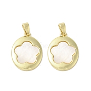 Brass Pave Shell Pendants, Oval with Flower Charms, Real 18K Gold Plated, 20.5x15x2mm, Hole: 3x4mm(KK-I708-05A-G)