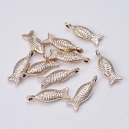 Nickel Free & Lead Free Golden Plated Alloy Fish Pendants, Long-Lasting Plated, 21x7x4mm, Hole: 2mm(PALLOY-J218-176G-NR)