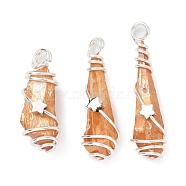 Electroplated Raw Rough Natural Quartz Crystal Copper Wire Wrapped Pendants, Copper Plated Teardrop Charms with Brass Star Beads, Platinum, 29~35x8~10x7~10.5mm, Hole: 3.5mm(PALLOY-JF02413-02)