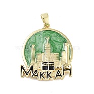 Rack Plating Brass Enamel Pendants, Long-Lasting Plated, Lead Free & Cadmium Free, Real 18K Gold Plated, Flat Round with MAKKAH Charm, Light Green, 30x26x3mm, Hole: 5.5x3.5mm(KK-H474-21G-02)