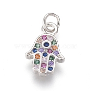 Brass Micro Pave Cubic Zirconia Charms, with Jump Rings, Hamsa Hand/Hand of Fatima /Hand of Miriam, Colorful, Platinum, 11.5x7.5x1.5mm, Hole: 2.5mm(X-ZIRC-I032-52P)