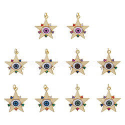 DICOSMETIC 10Pcs 5 Colors Brass Micro Pave Colorful Cubic Zirconia Pendants, with Resin, Real 18K Gold Plated, Star with Evil Eye, Mixed Color, 32x29.5x7mm, Jump Ring: 6x1mm, Inner Diameter: 4mm, 2pcs/color(ZIRC-DC0001-20)