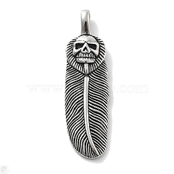 304 Stainless Steel Big Pendants, Feather with Skull Charm, Antique Silver, 63x18x9mm, Hole: 8x4.5mm(STAS-Z098-06AS)