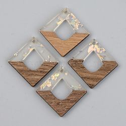 Transparent Resin & Walnut Wood Pendants, with Paillette/Sequin, Rhombus, Clear, 27.5x27.5x3mm, Hole: 2mm, Side Length: 19.5mm(RESI-S389-024A-E01)