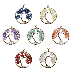 7 Chakra Copper Wired Wrapped Natural Mixed Gemstone Chip Big Pendants, Tree of Life Charms, Antique Bronze, 60mm, 7pcs/set(PALLOY-AB00196)