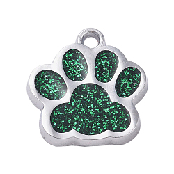 Alloy Enamel Charms, with Glitter Powder, Dog Paw Prints, Platinum, Dark Green, 17.7x16.6x2mm, Hole: 2mm(X-ENAM-TAC0001-05B)