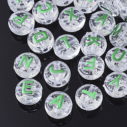 Plating Transparent Acrylic Beads, with Glitter Powder, Metal Enlaced, Horizontal Hole, Flat Round with Letter, Lime Green, 10x6mm, Hole: 1.8mm, about 1580pcs/500g(MACR-T032-03B)