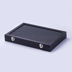 Wood Ring Displays, with Ice Plush inside and Covered with Glass, Rectangle, Black, 35x24.1x4.6cm(RDIS-G005-14A)