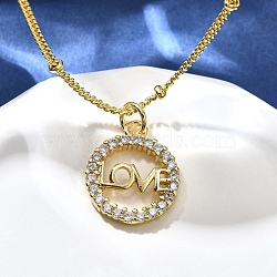 Brass Clear Cubic Zirconia Pendant Necklaces for Women, Real 18K Gold Plated, Ring with Word LOVE, 17.64 inch(44.8cm)(NJEW-A039-02C-G)