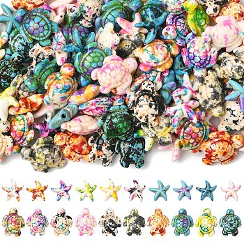 200Pcs 20 Styles Synthetic Turquoise Dyed Beads Sets, Fuel Injection Effect, Sea Turtle and Starfish, Mixed Color, 13.5~18x13.5~14.5x4.5~7mm, Hole: 1~1.6mm, 10pcs/style