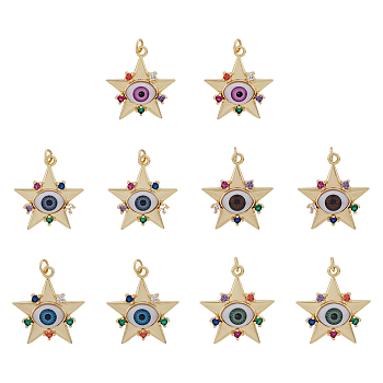 10Pcs 5 Colors Brass Micro Pave Colorful Cubic Zirconia Pendants, with Resin, Real 18K Gold Plated, Star with Evil Eye, Mixed Color, 32x29.5x7mm, Jump Ring: 6x1mm, Inner Diameter: 4mm, 2pcs/color