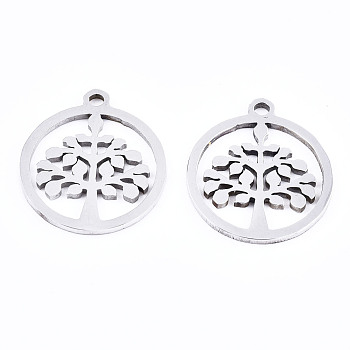 201 Stainless Steel Pendants, Laser Cut, Ring with Tree of Life, Stainless Steel Color, 17x15x1mm, Hole: 1.4mm
