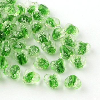 Handmade Luminous Lampwork Beads, Heart, Green, 15~16x15~16x9~10mm, Hole: 1~2mm