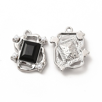 Glass Rectangle Pendants, with ABS Pearl Beaded & Platinum Alloy Finding, Long-Lasting Plated, Cadmium Free & Lead Free, Black, 21.5x19x5mm, Hole: 1.6mm
