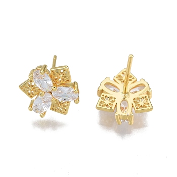 Clear Cubic Zirconia Flower Stud Earrings, Brass Jewelry for Women, Nickel Free, Real 18K Gold Plated, 11x11.5mm, Pin: 0.7mm