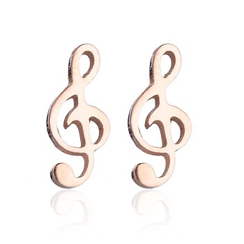 304 Stainless Steel Music Note Studs Earrings with 316 Stainless Steel Pins for Women, Rose Gold, 9x4mm
